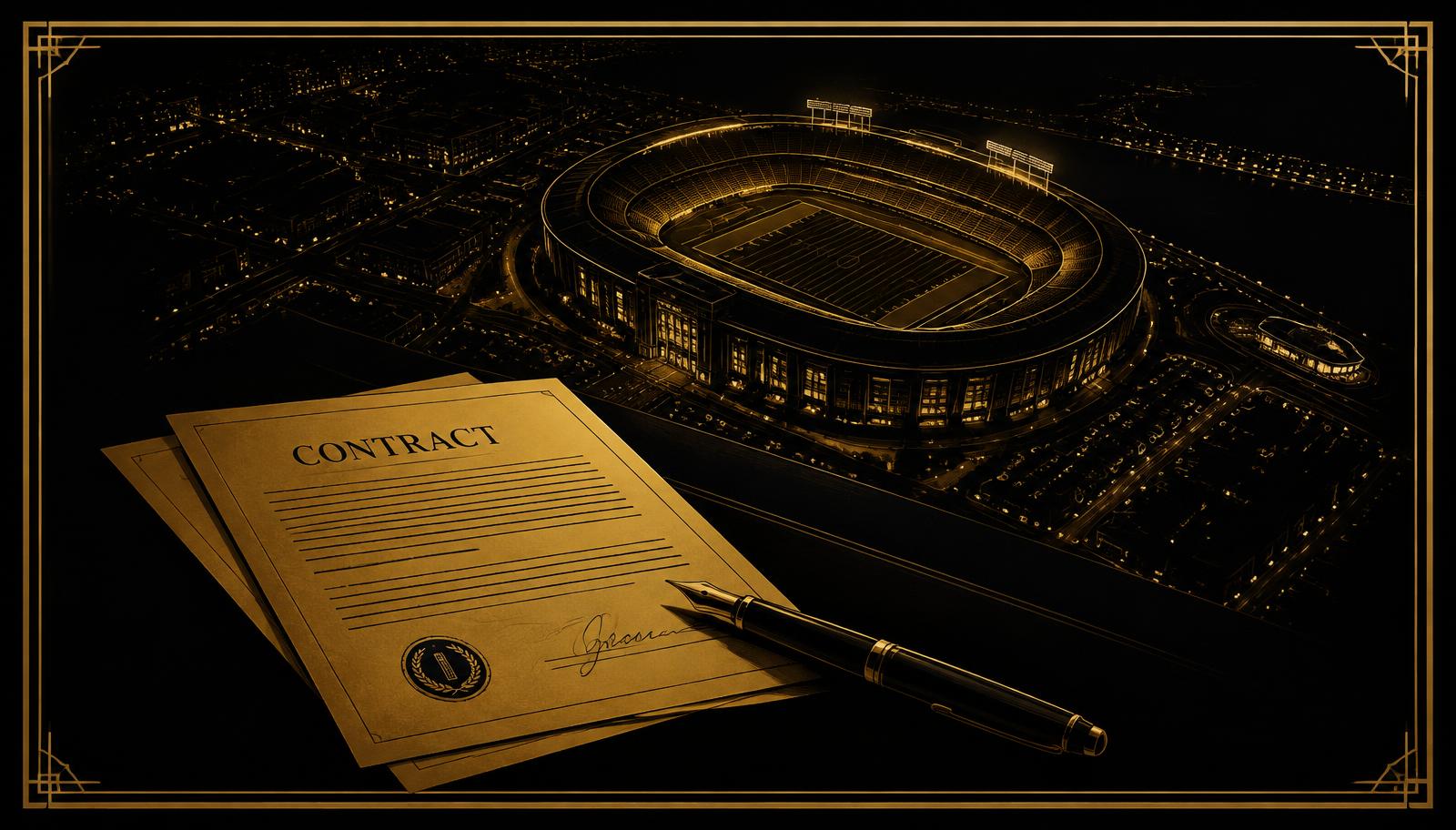 Gold-lit stadium and signed contract